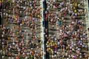 Sehr viele Läufer auf den Autostreifen einer Brücke beim New York-Marathon, von vorne/oben gesehen Sehr viele Läufer auf den Autostreifen einer Brücke beim New York-Marathon, von vorne/oben gesehen